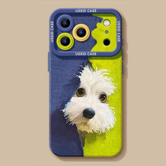 油絵風 白テリアわんこデザイン 2 色ブロック大窓レンズ保護スマホケース iPhone 対応
