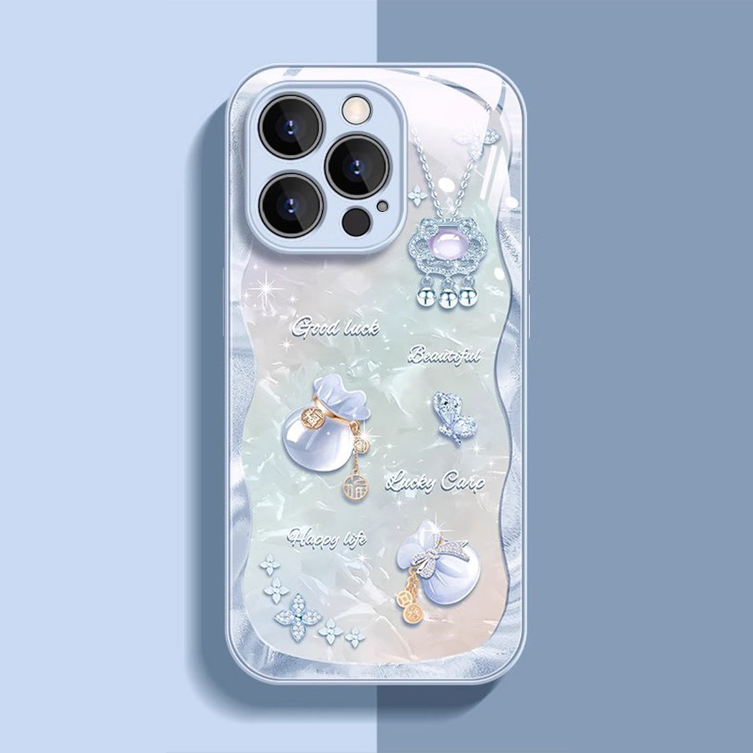 貝殻クリア 福袋幸運チャームスマホケース 蝶・長寿鎖デザイン 全 4 色 iPhone 対応