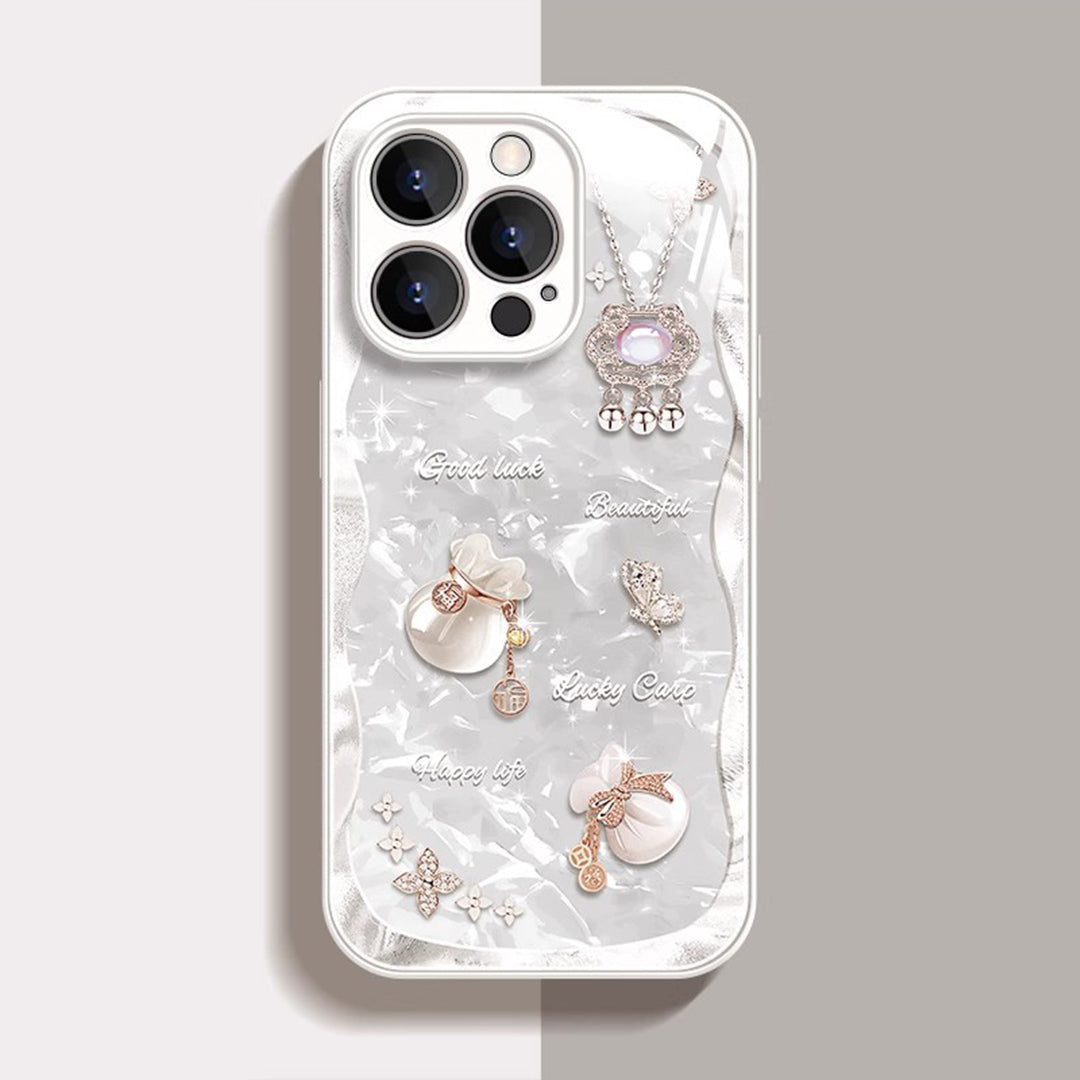 貝殻クリア 福袋幸運チャームスマホケース 蝶・長寿鎖デザイン 全 4 色 iPhone 対応
