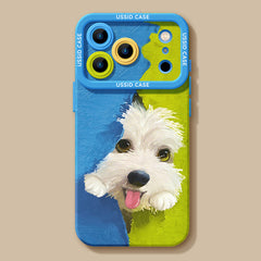 油絵風 白テリアわんこデザイン 2 色ブロック大窓レンズ保護スマホケース iPhone 対応