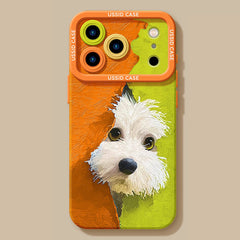 油絵風 白テリアわんこデザイン 2 色ブロック大窓レンズ保護スマホケース iPhone 対応