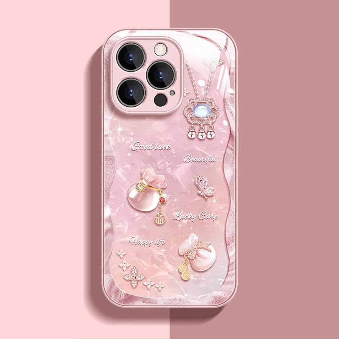 貝殻クリア 福袋幸運チャームスマホケース 蝶・長寿鎖デザイン 全 4 色 iPhone 対応