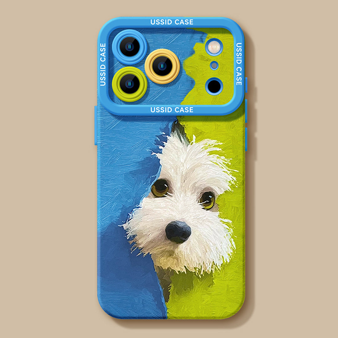 油絵風 白テリアわんこデザイン 2 色ブロック大窓レンズ保護スマホケース iPhone 対応