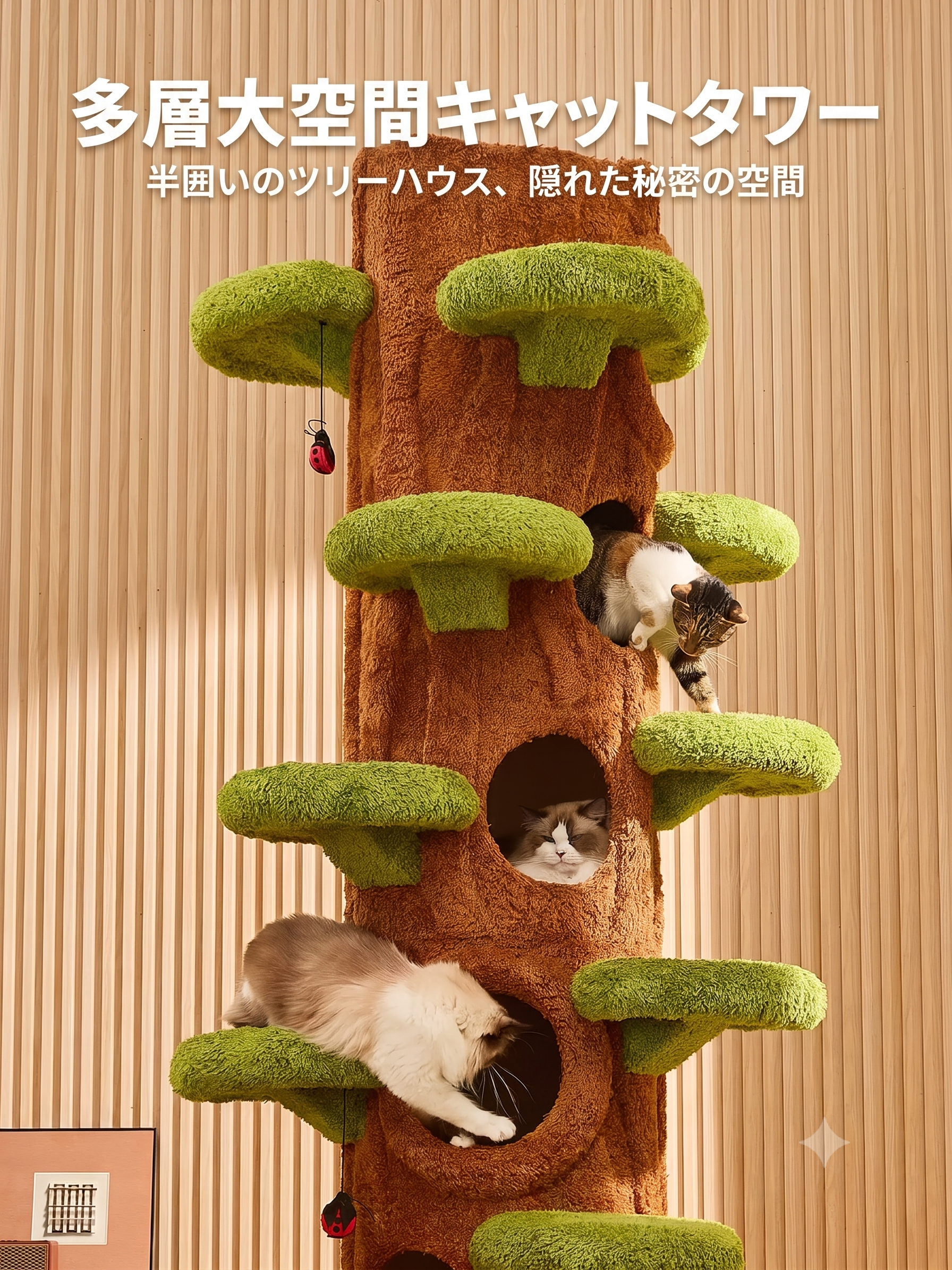 【キャットタワー】天井突っ張り型、メインクーン、ラグドール、ノルウェージャンなど、大型猫ちゃん専用の最高級タワー！頑丈でグラつかない安定設計。豪華な猫ハウス・ベッド完備で、四季を通して快適に過ごせる多機能一体型の猫用別荘です。