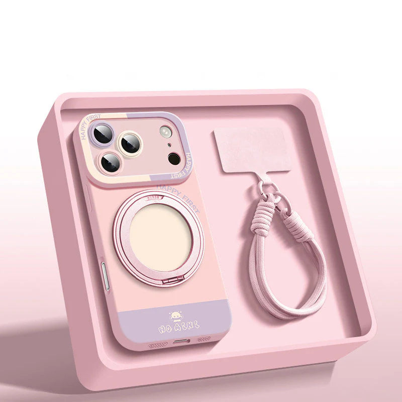 アクセント配色 ハンドストラップ付き 回転リングスタンド一体型 落下防止スマホケース 全 5 色