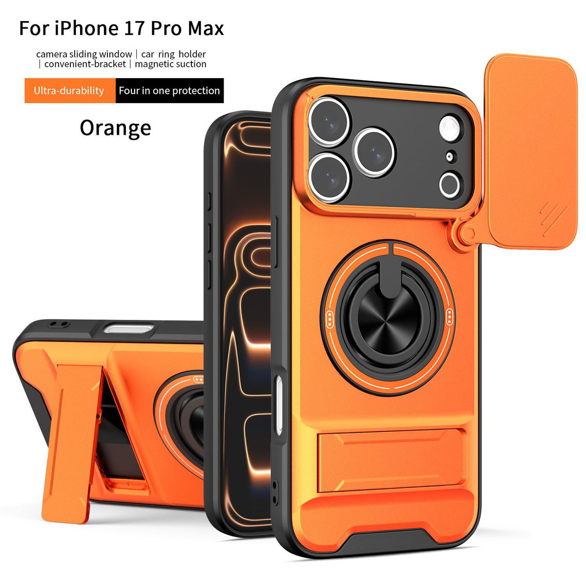 4in1 軍工級鎧スマホケース スライドレンズカバー 360 度回転磁気リングスタンド iPhone11～17 全シリーズ対応