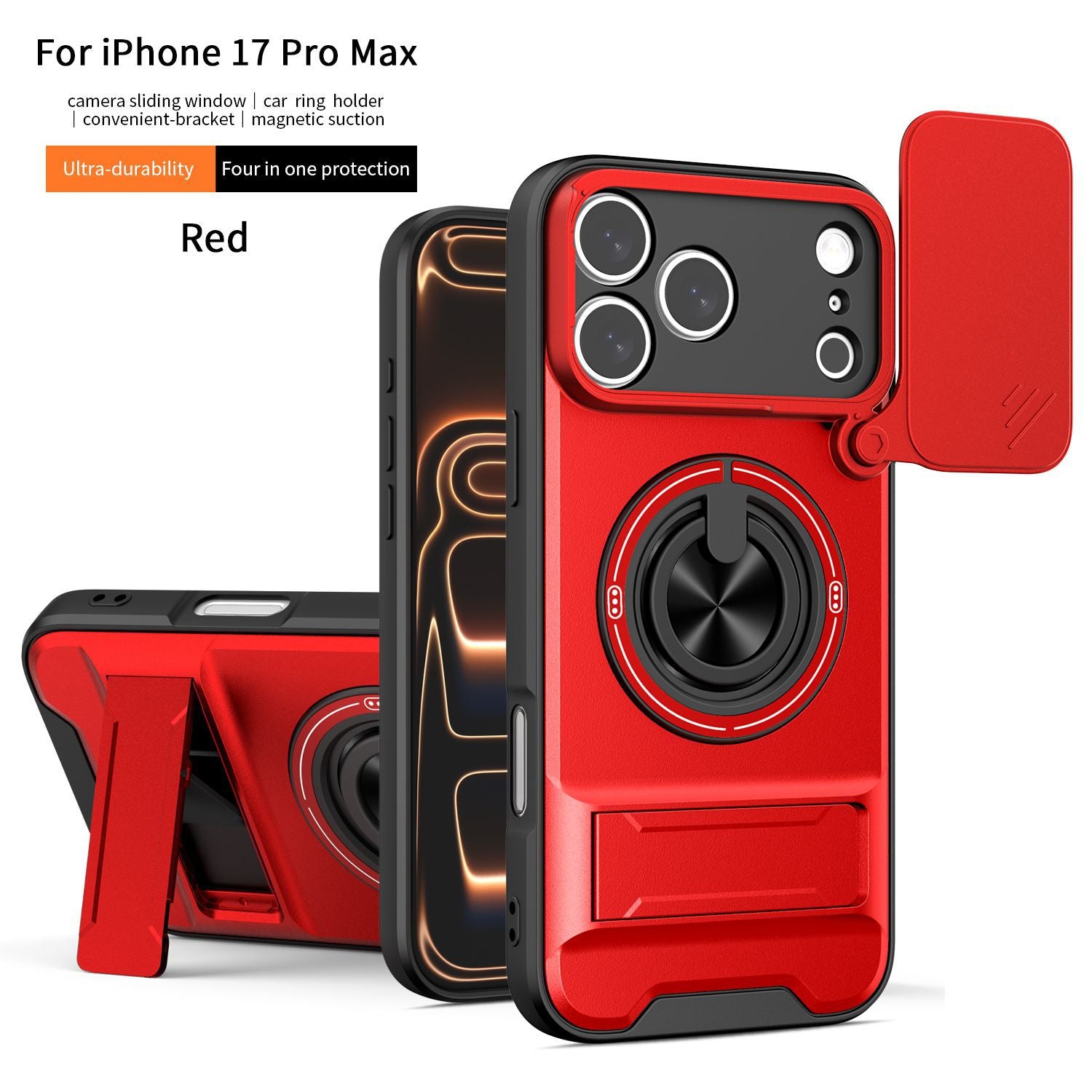 4in1 軍工級鎧スマホケース スライドレンズカバー 360 度回転磁気リングスタンド iPhone11～17 全シリーズ対応