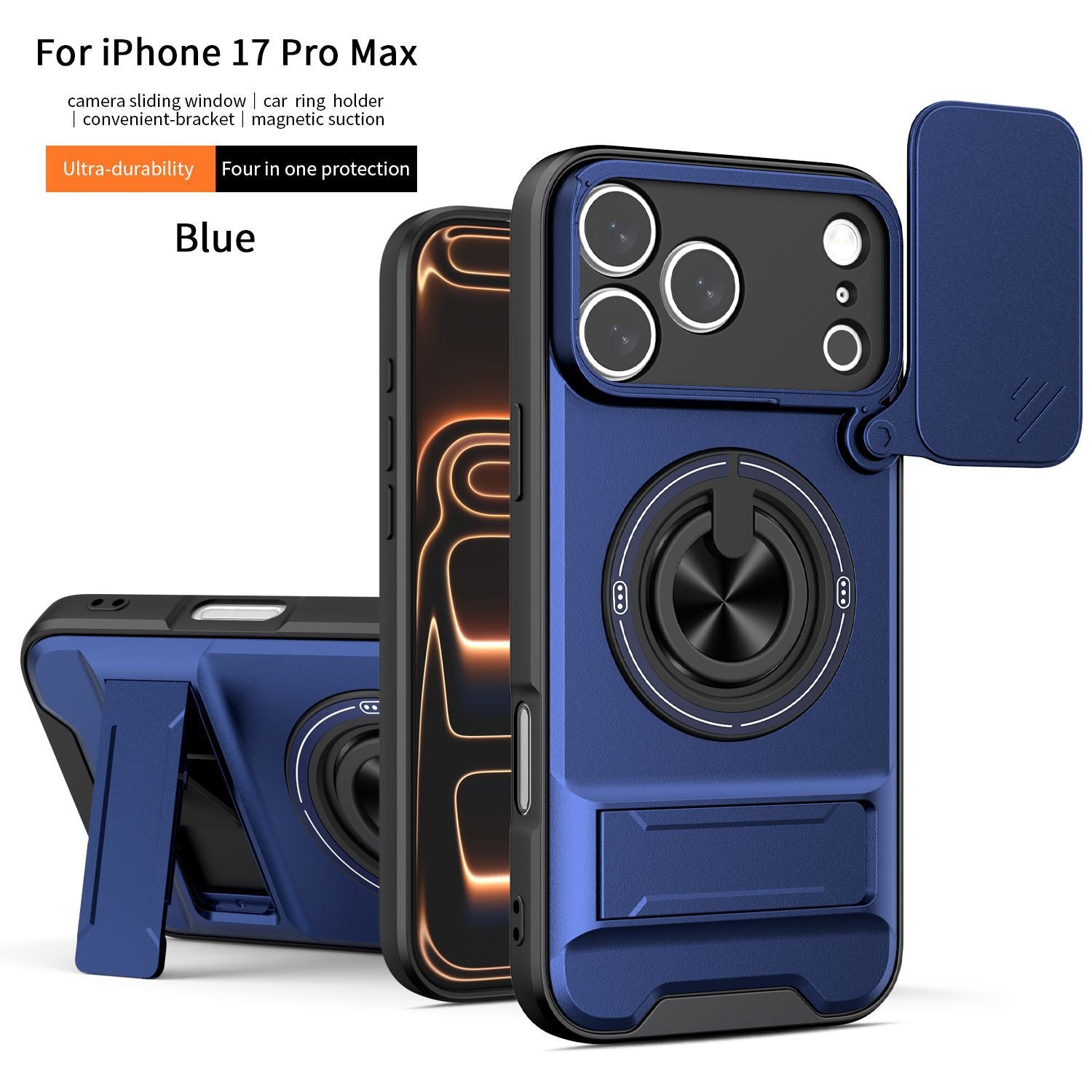 4in1 軍工級鎧スマホケース スライドレンズカバー 360 度回転磁気リングスタンド iPhone11～17 全シリーズ対応